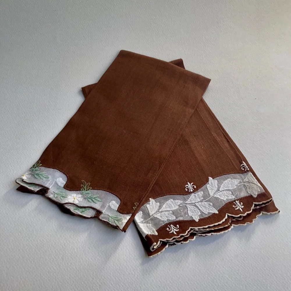 Set of 2 Scalloped Cocoa & White Floral Embroidered Linen Tea Towels